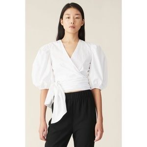 NWT Ganni Plain Cotton Poplin Wrap Blouse White 34